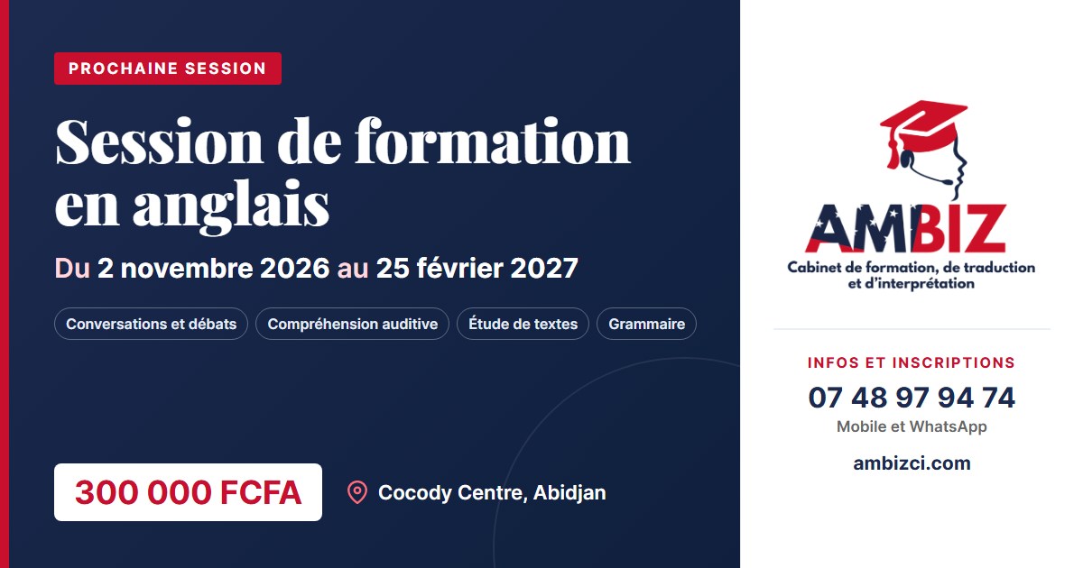 Visuel AMBIZ : session de formation en anglais du 2 novembre 2026 au 25 février 2027, 300 000 FCFA, Cocody Centre, Abidjan